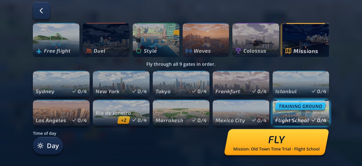 Choosing mode and city, with every city in view
