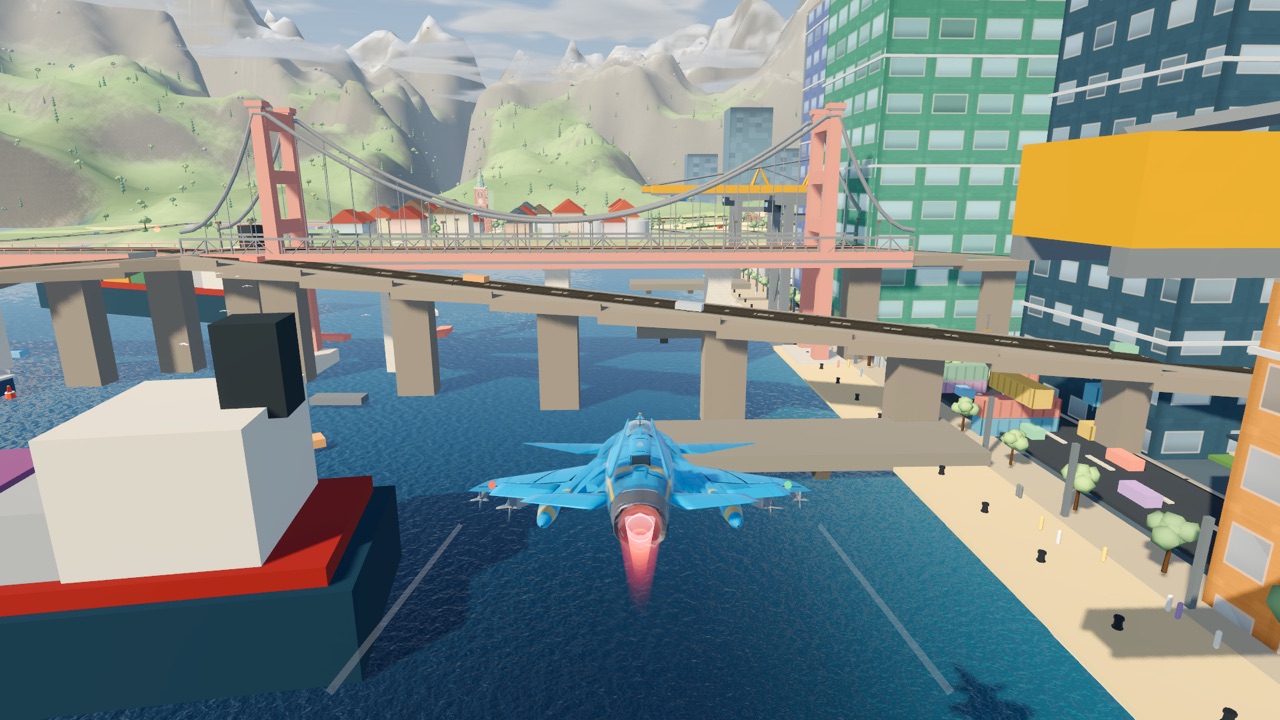 Ein Jet im Anflug auf eine Hafenbrücke