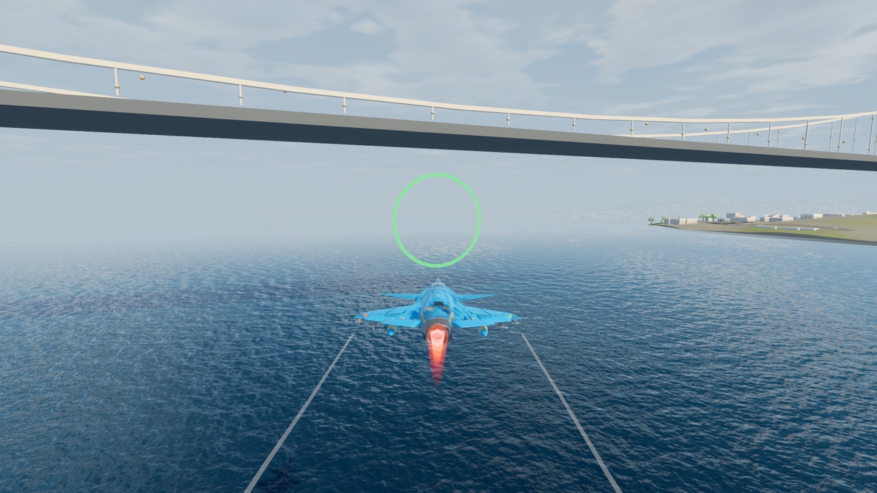 Ein Jet im Rennen über der Meerenge, vor ihm ein leuchtendes Tor unter der Hängebrücke